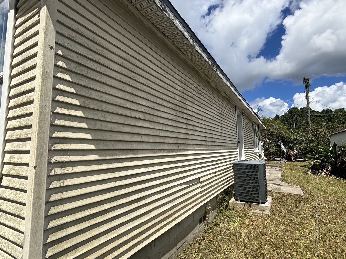 Siding before soft washing showing heavy mildew staining